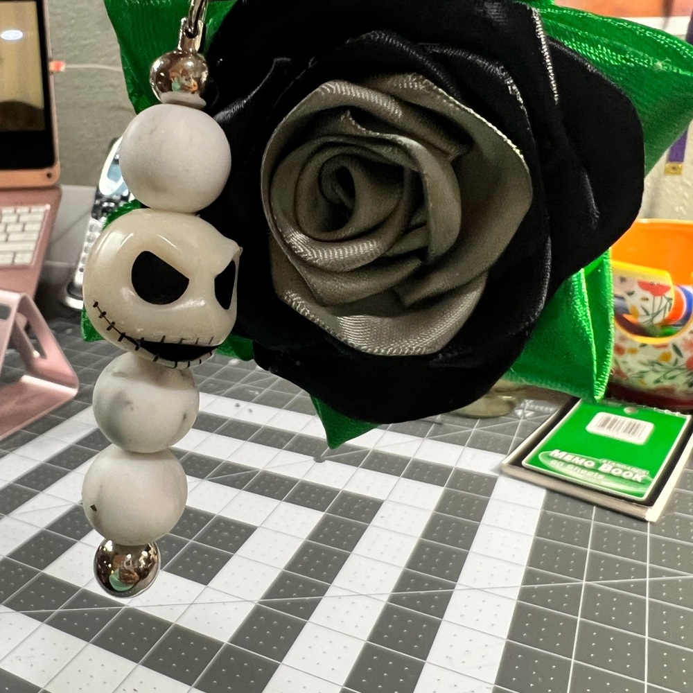 Black and Silver Rose Keychain with Skeleton